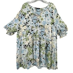 Ellos Womens Floral Button Front Tunic Top Blue Green Rayon Size 18/20 L Plus